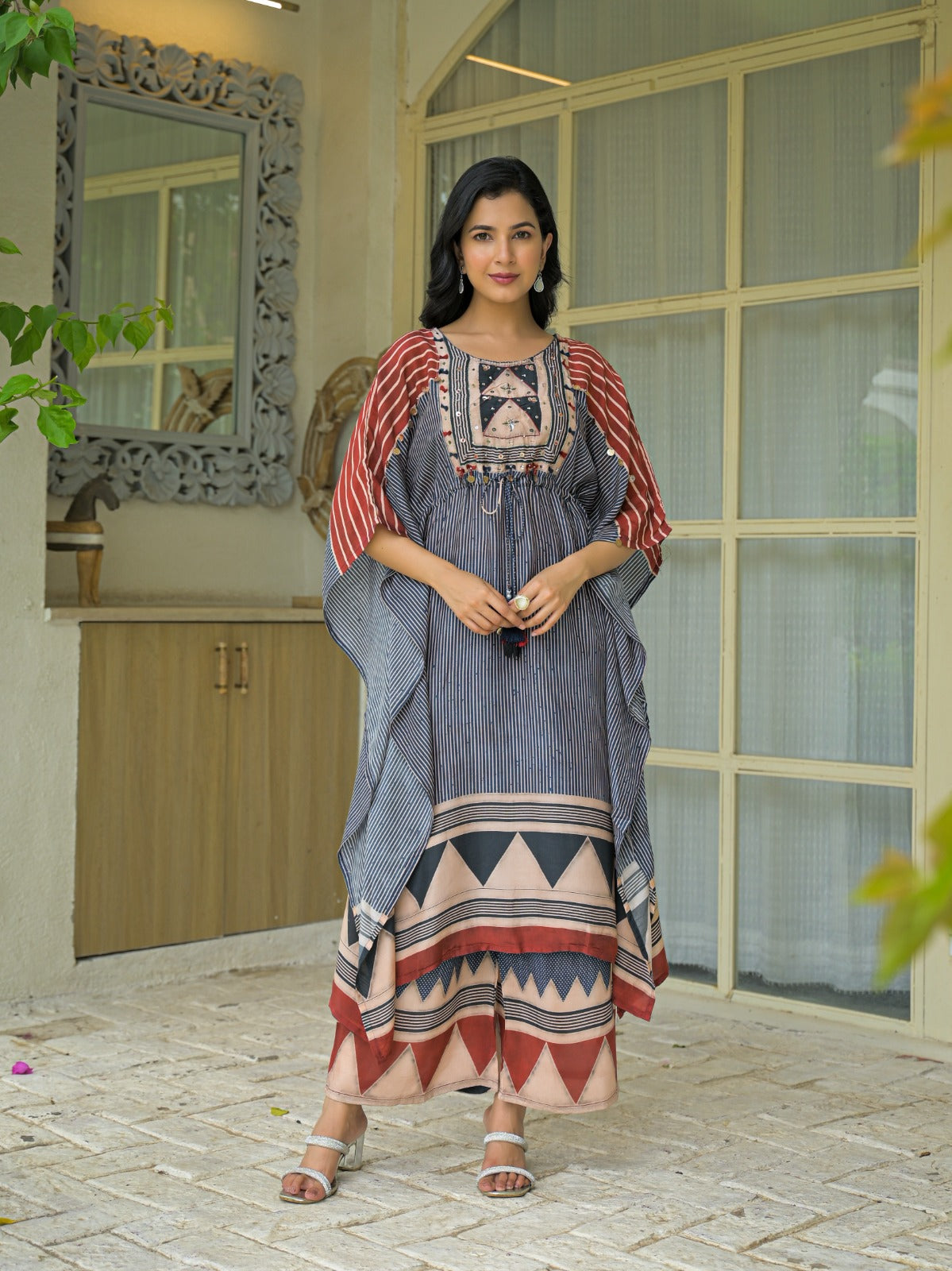Ajrakh printed Mul silk kaftan set