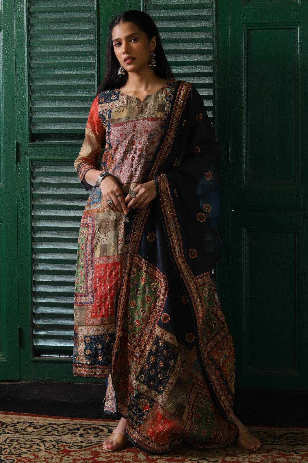 Linen Chanderi smart pichwai full suit set in blue