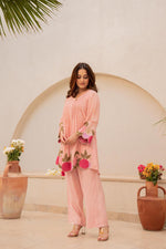 Mul Chanderi appliqué work pink co ord set