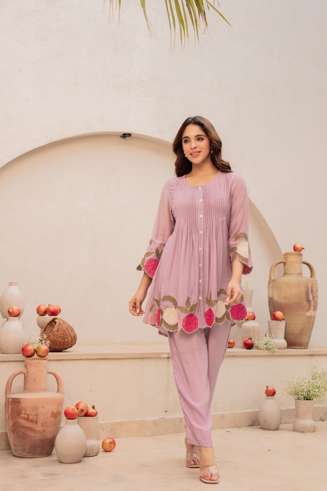 Mul Chanderi appliqué work purple co ord set