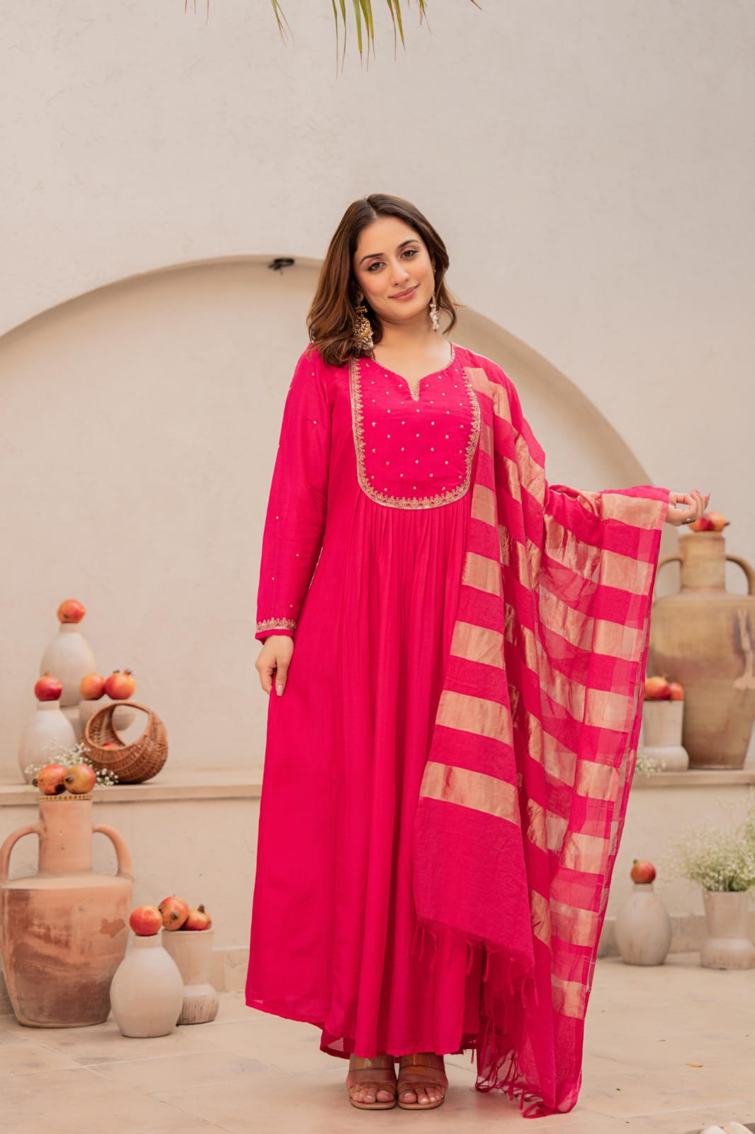 Beautiful Mul Chanderi suit set paired with tissue dupatta