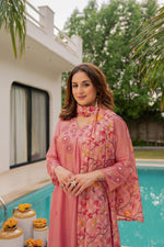 Pink Mul Chanderi suit paired with weaved floral dupatta