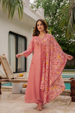 Pink Mul Chanderi suit paired with weaved floral dupatta