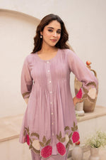 Mul Chanderi appliqué work purple co ord set
