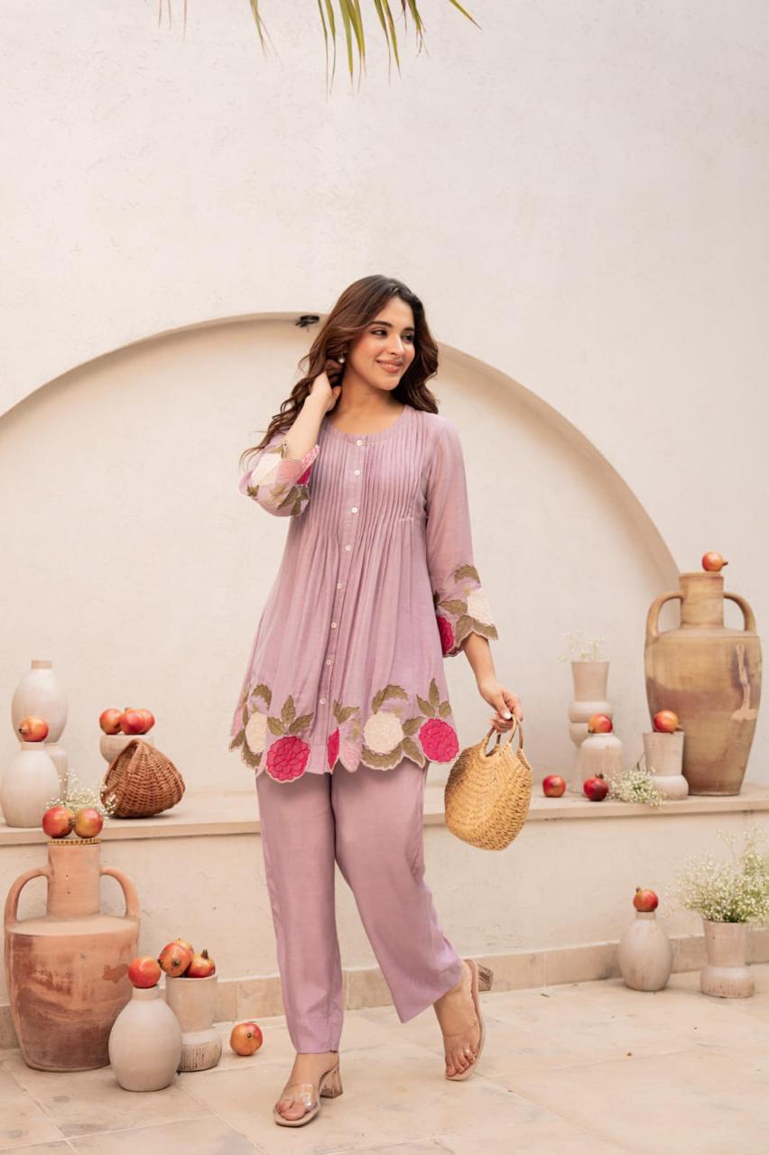 Mul Chanderi appliqué work purple co ord set