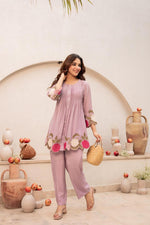 Mul Chanderi appliqué work purple co ord set