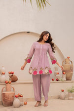 Mul Chanderi appliqué work purple co ord set
