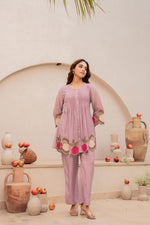 Mul Chanderi appliqué work purple co ord set