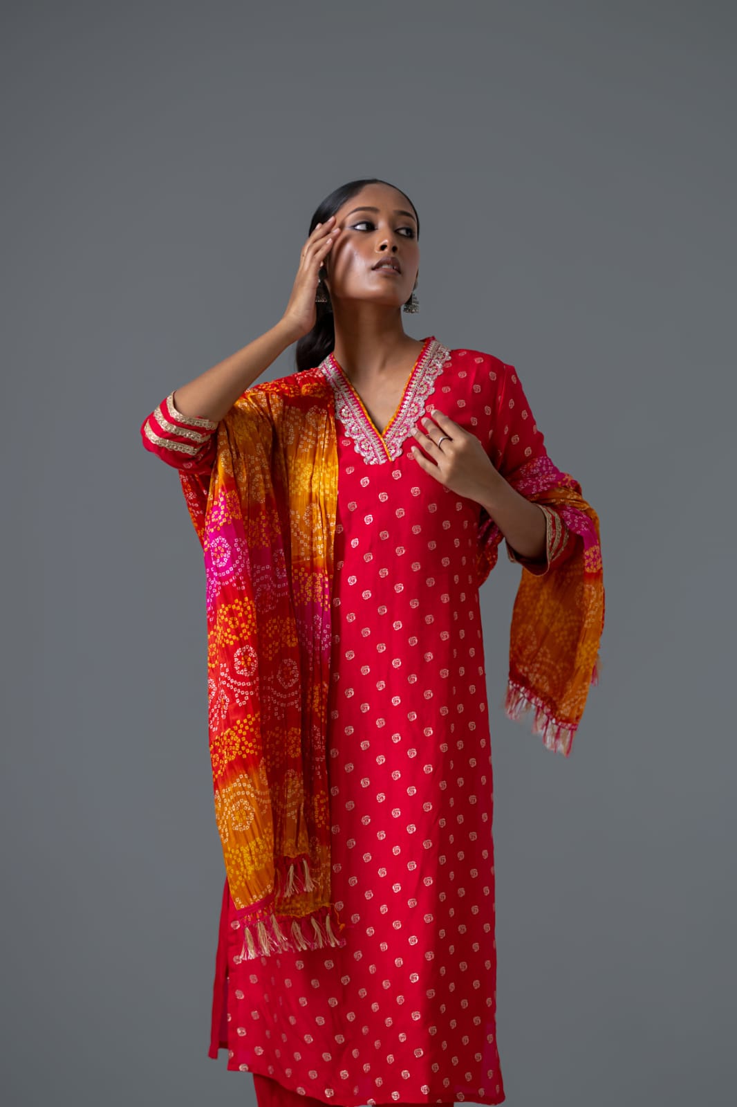 Festive special Banarasi weaving silk suit set paired with bandhani dupatta