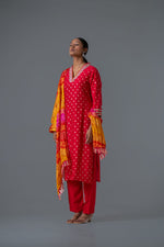 Festive special Banarasi weaving silk suit set paired with bandhani dupatta