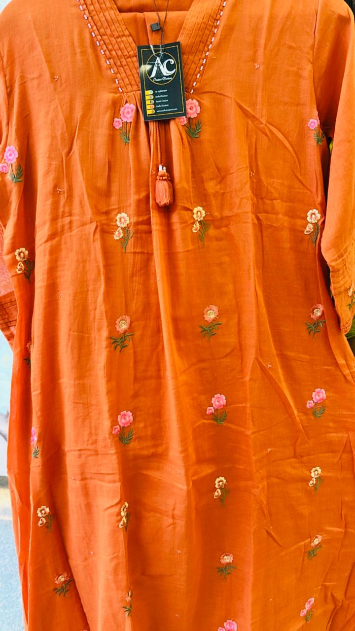 Pretty Mul cotton embroidered lining full suit set in rust