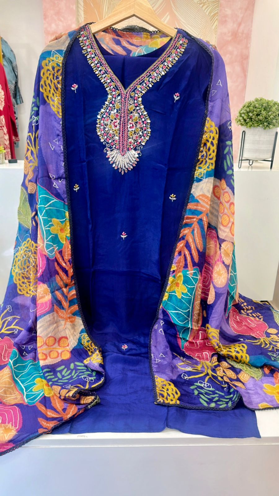 Premium pretty crepe with heavy handwork paired with a pretty embellished chinon dupatta