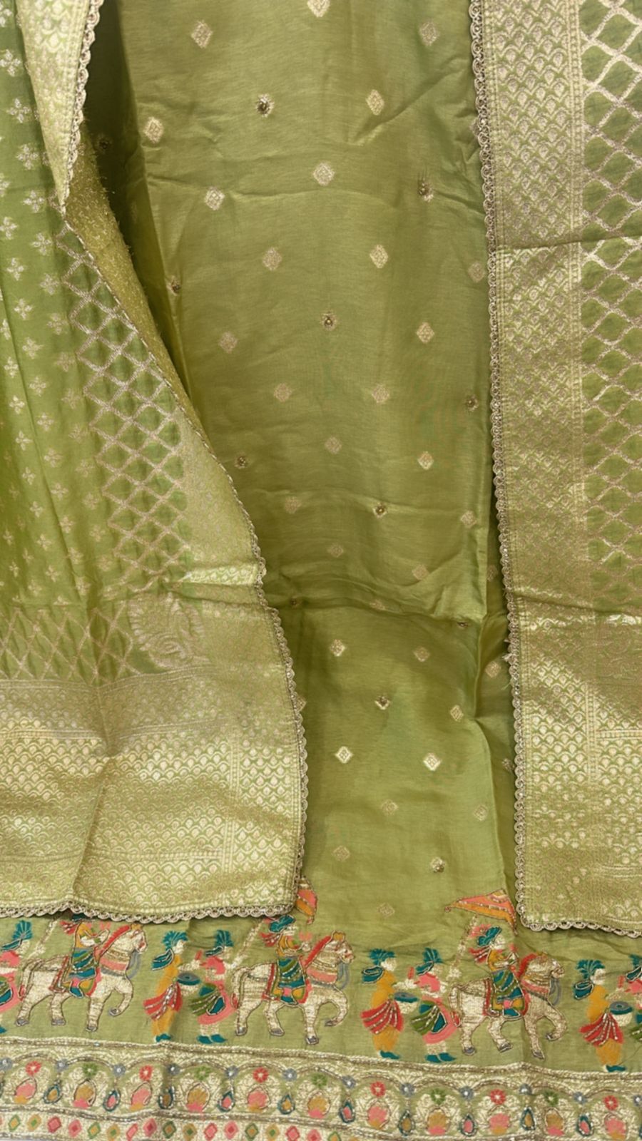 Pretty silk suit paired with Banarasi dupatta