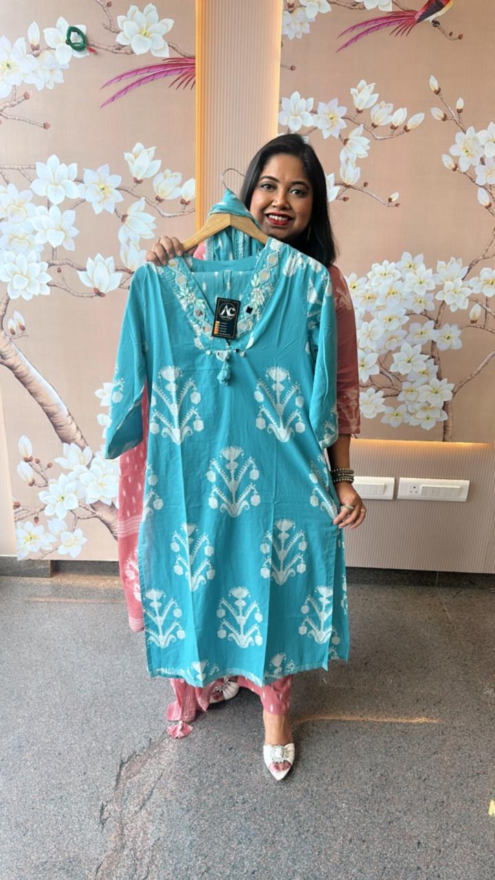 Smart cotton V neck real mirror full suit set in blue