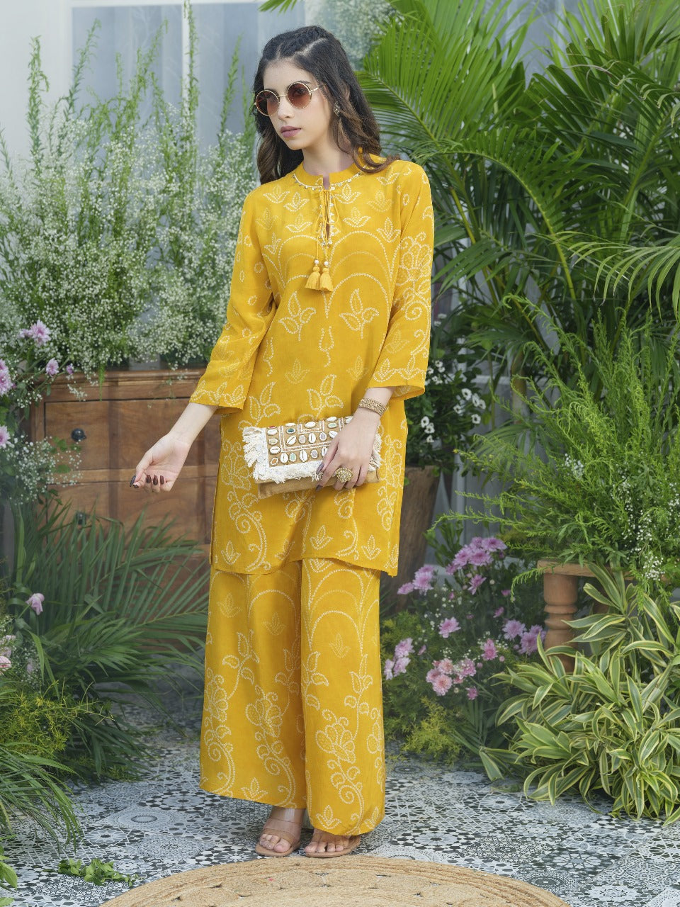 Wow stylish premium pure crepe co ord set in yellow