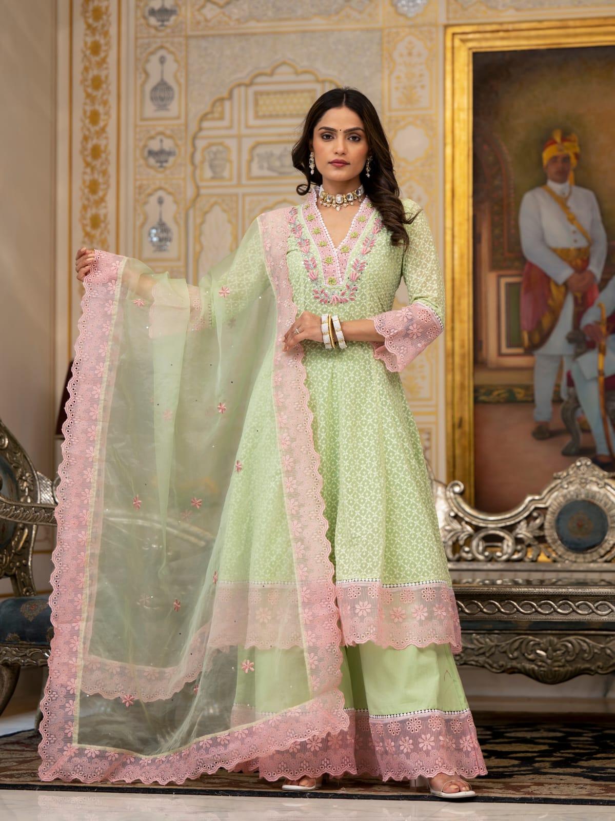 Premium georgette designer lining suit set in green