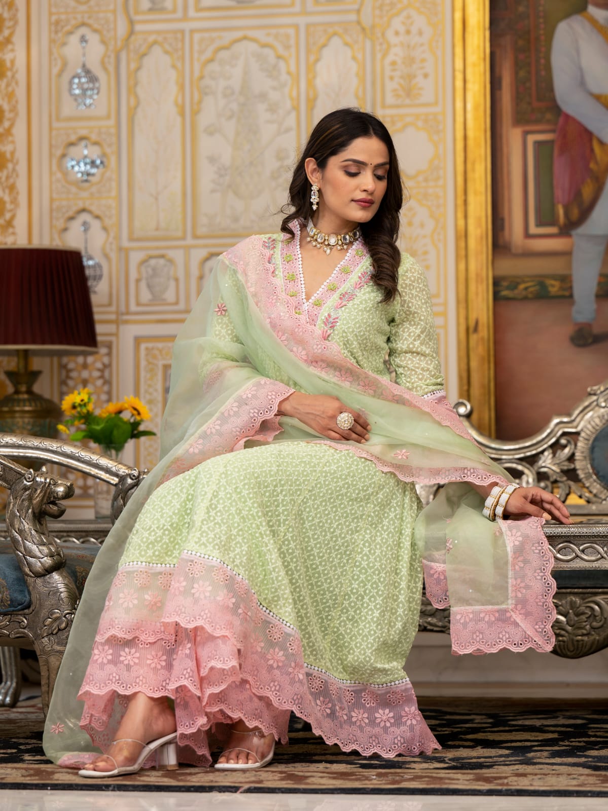 Premium georgette designer lining suit set in green