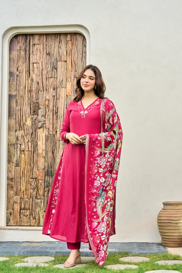 Pure Mul Chanderi embroidered suit paired with fully woven Banarasi dupatta in pink