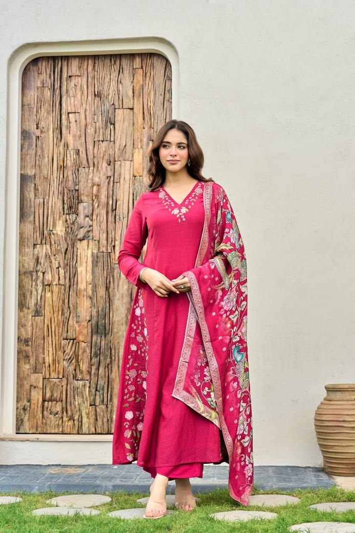 Pure Mul Chanderi embroidered suit paired with fully woven Banarasi dupatta in pink