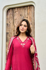 Pure Mul Chanderi embroidered suit paired with fully woven Banarasi dupatta in pink