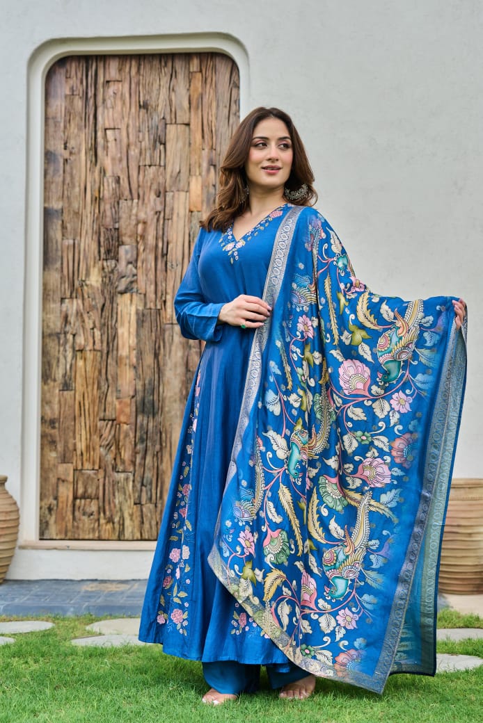 Pure Mul Chanderi embroidered suit paired with fully woven Banarasi dupatta in blue