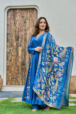 Pure Mul Chanderi embroidered suit paired with fully woven Banarasi dupatta in blue