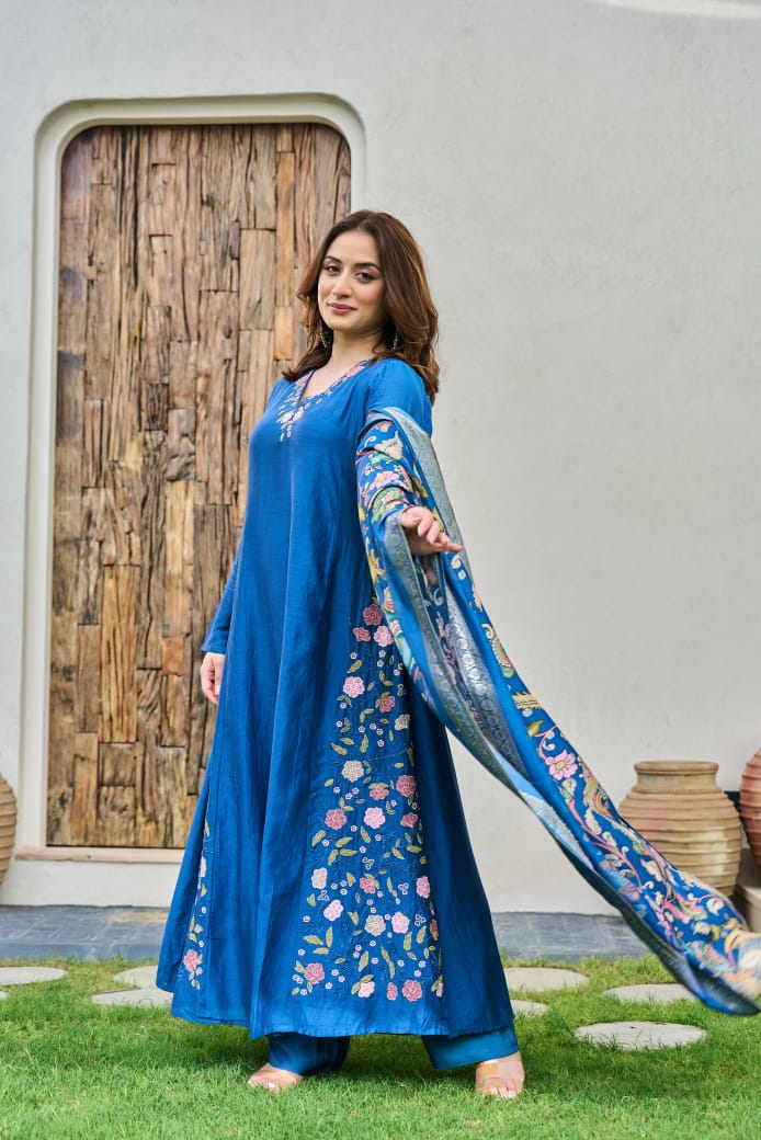 Pure Mul Chanderi embroidered suit paired with fully woven Banarasi dupatta in blue