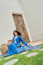 Pure Mul Chanderi embroidered suit paired with fully woven Banarasi dupatta in blue