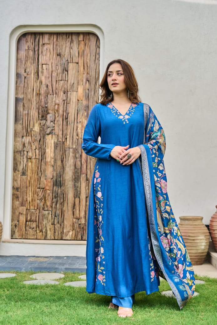 Pure Mul Chanderi embroidered suit paired with fully woven Banarasi dupatta in blue