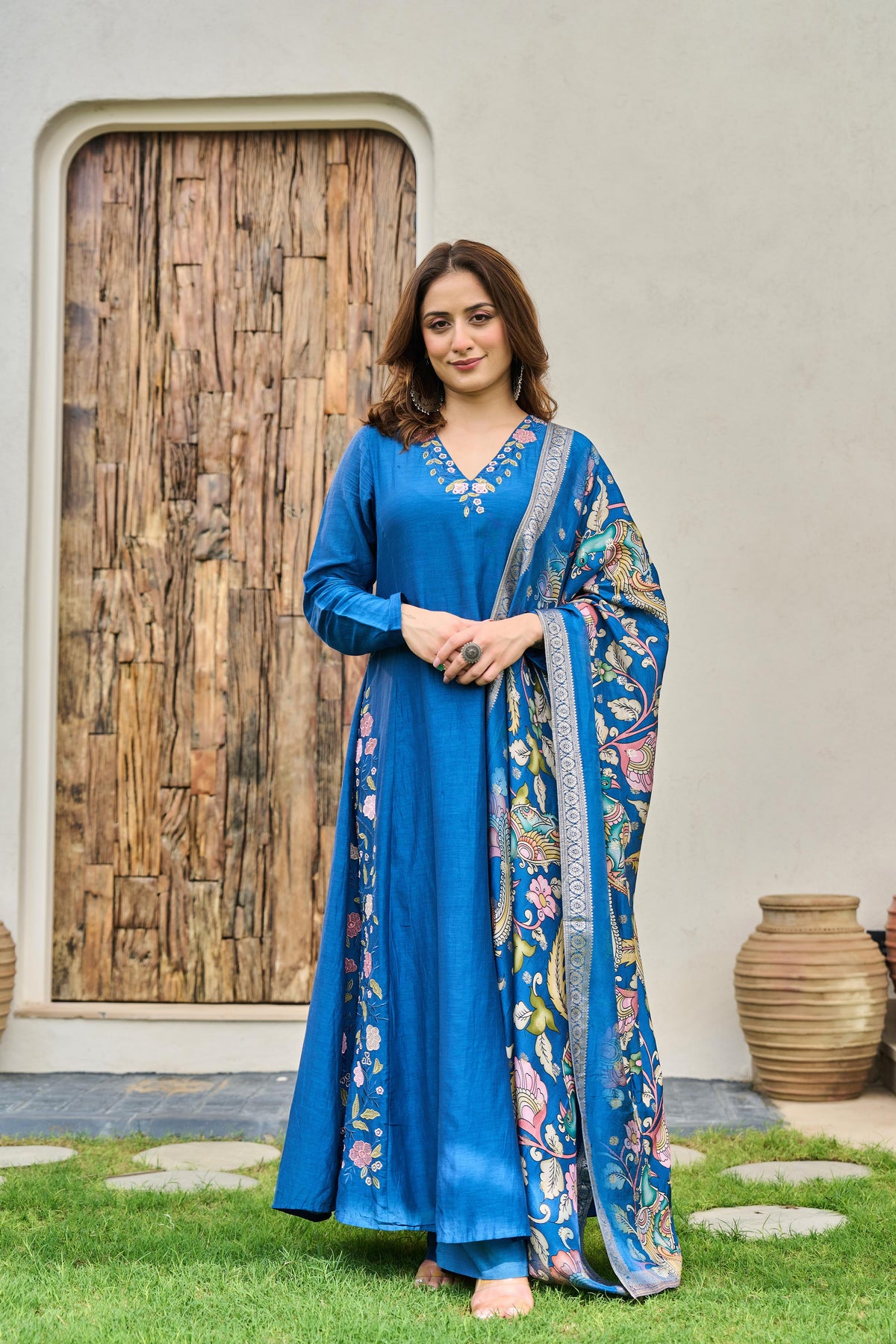 Pure Mul Chanderi embroidered suit paired with fully woven Banarasi dupatta in blue