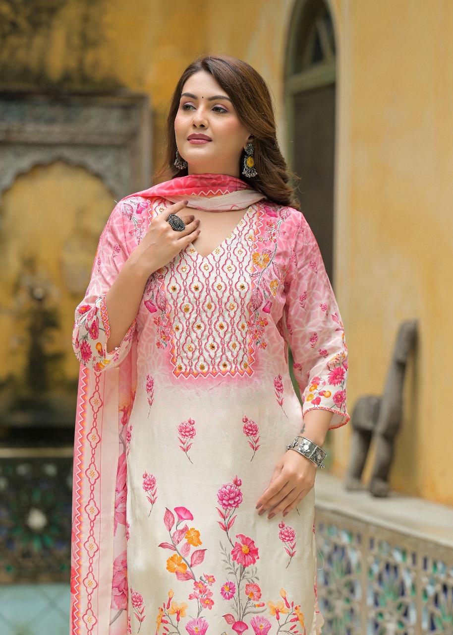 Premium pure crepe lining full suit set in pink