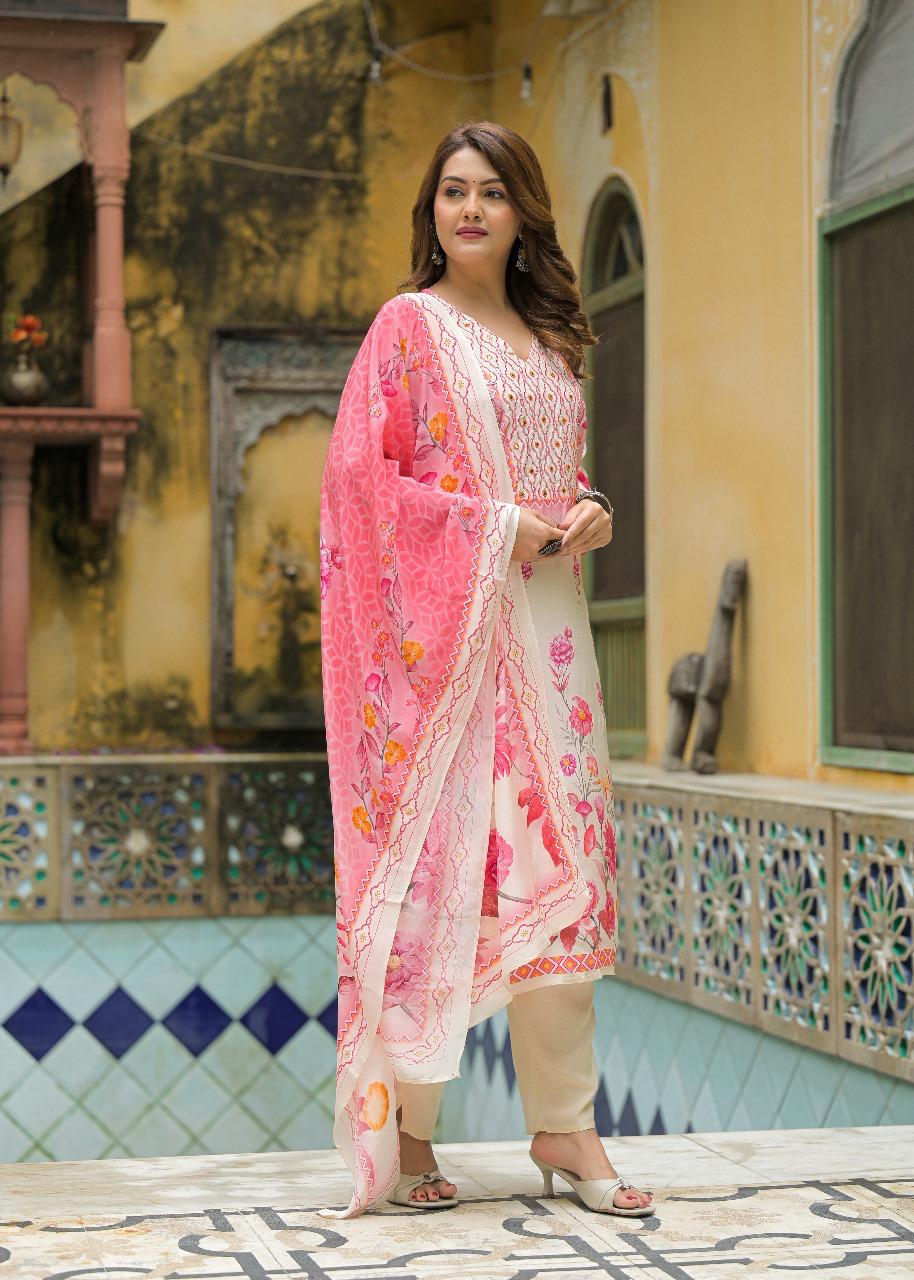 Premium pure crepe lining full suit set in pink