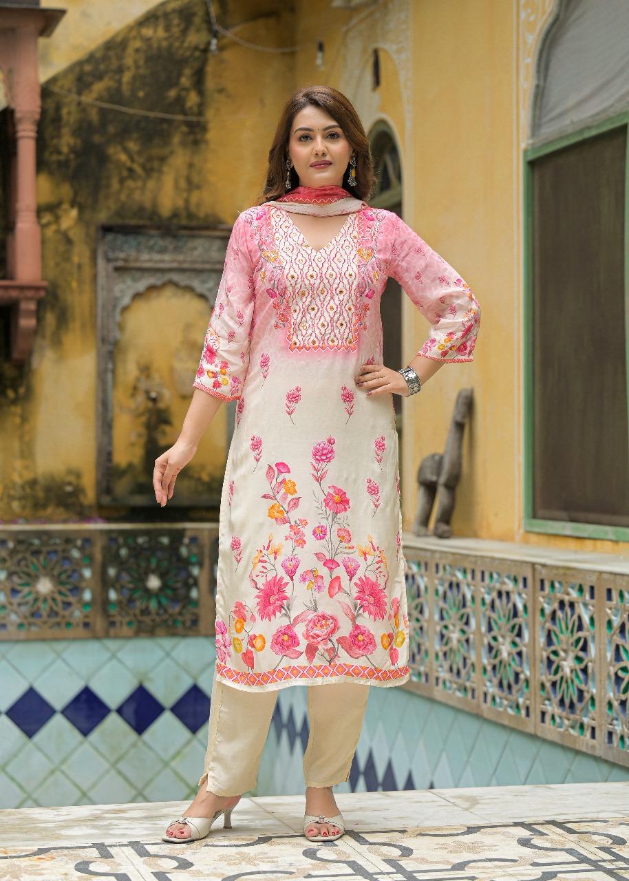 Premium pure crepe lining full suit set in pink