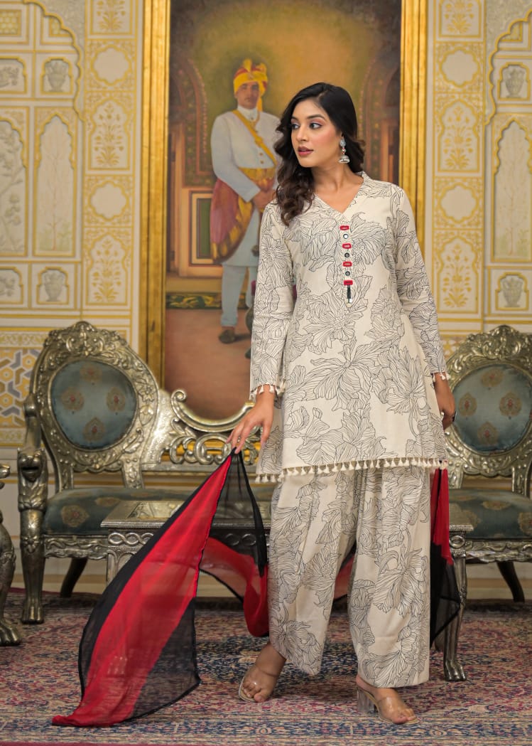 Pretty cotton Farsi salwar suit set with Pom Pom lace detailing suit set