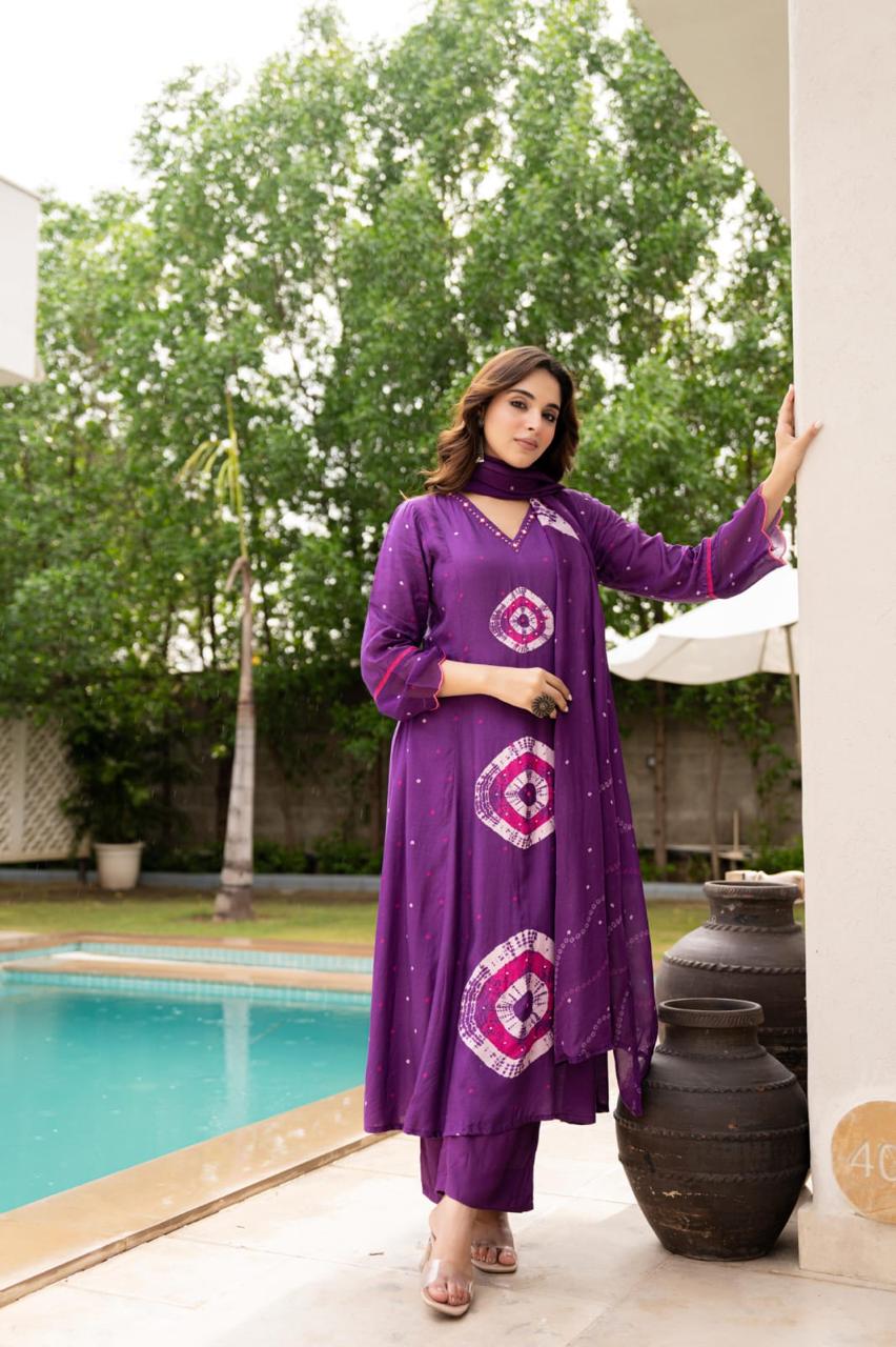 Pure Mul silk bandhani suit set in purple