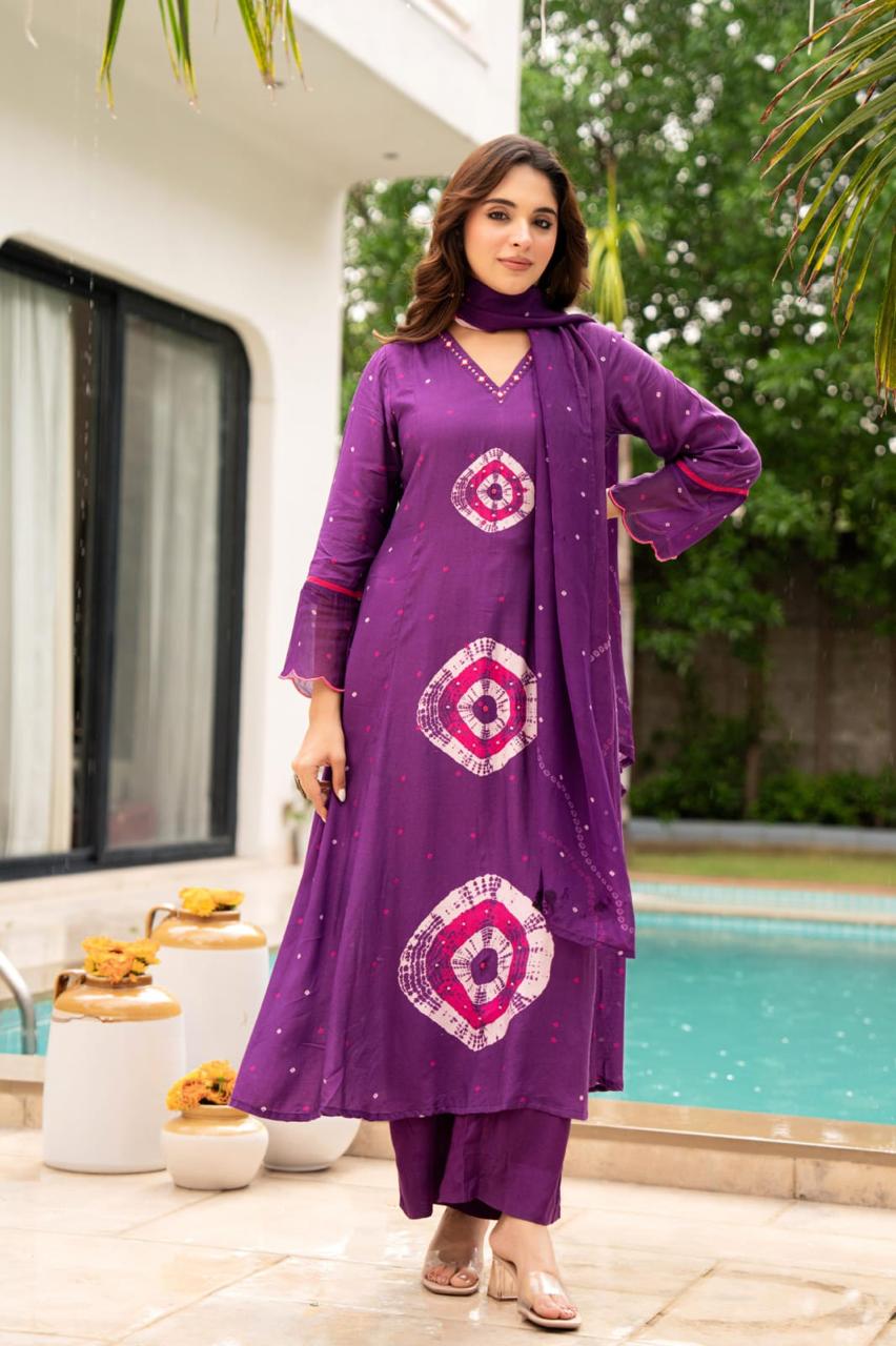 Pure Mul silk bandhani suit set in purple