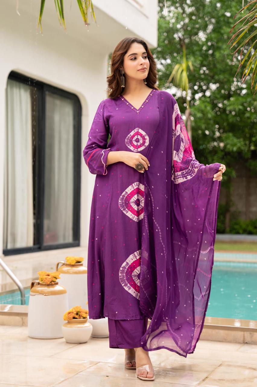 Pure Mul silk bandhani suit set in purple