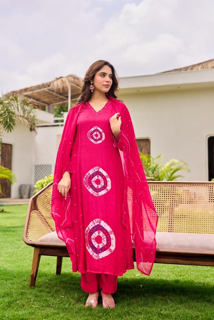Pure Mul silk bandhani suit set in pink