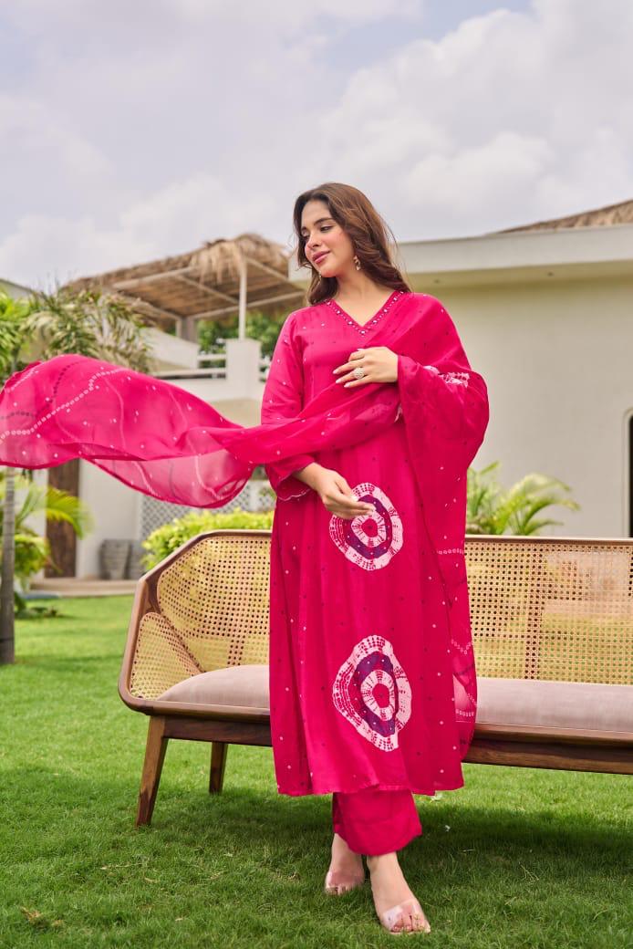 Pure Mul silk bandhani suit set in pink