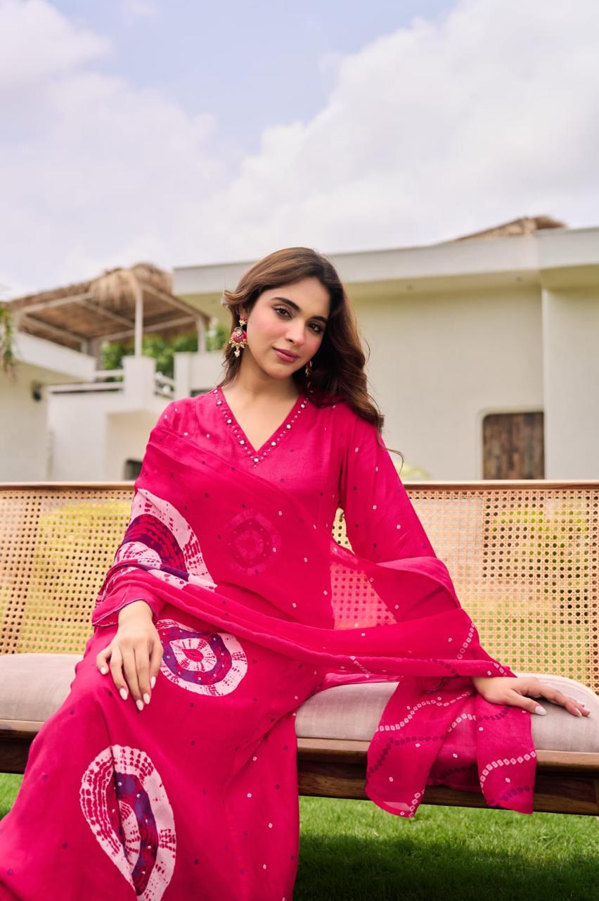 Pure Mul silk bandhani suit set in pink