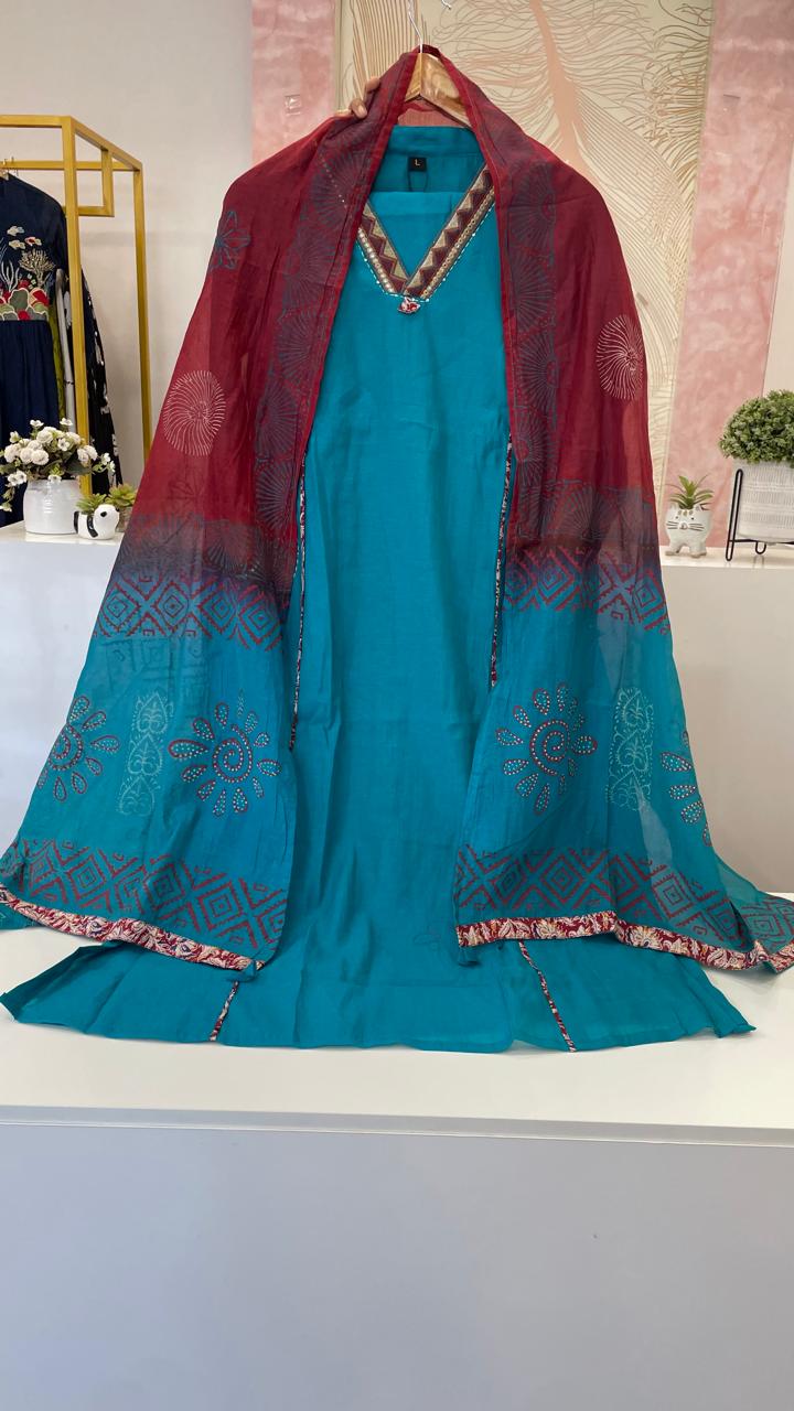 Designer pocket Mul Chanderi suit set in blue