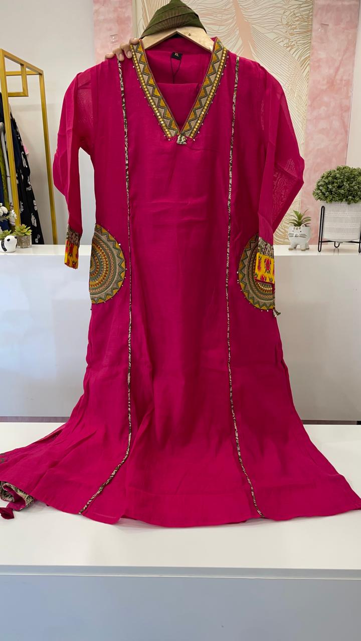 Designer pocket Mul Chanderi suit set in pink