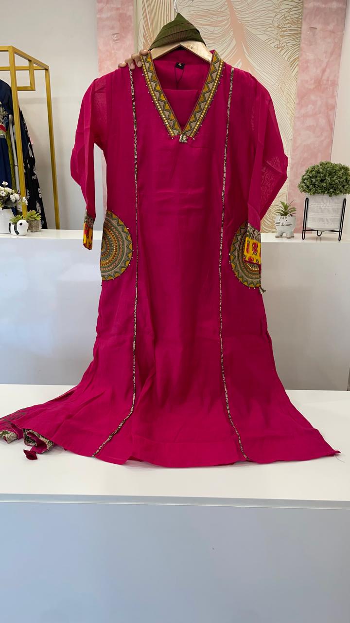 Designer pocket Mul Chanderi suit set in pink