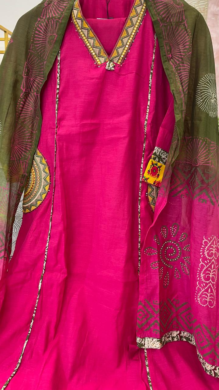 Designer pocket Mul Chanderi suit set in pink