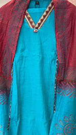 Designer pocket Mul Chanderi suit set in blue