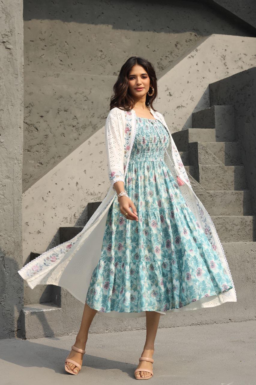 Pure cotton sleeveless dress paired with Shifli shrug