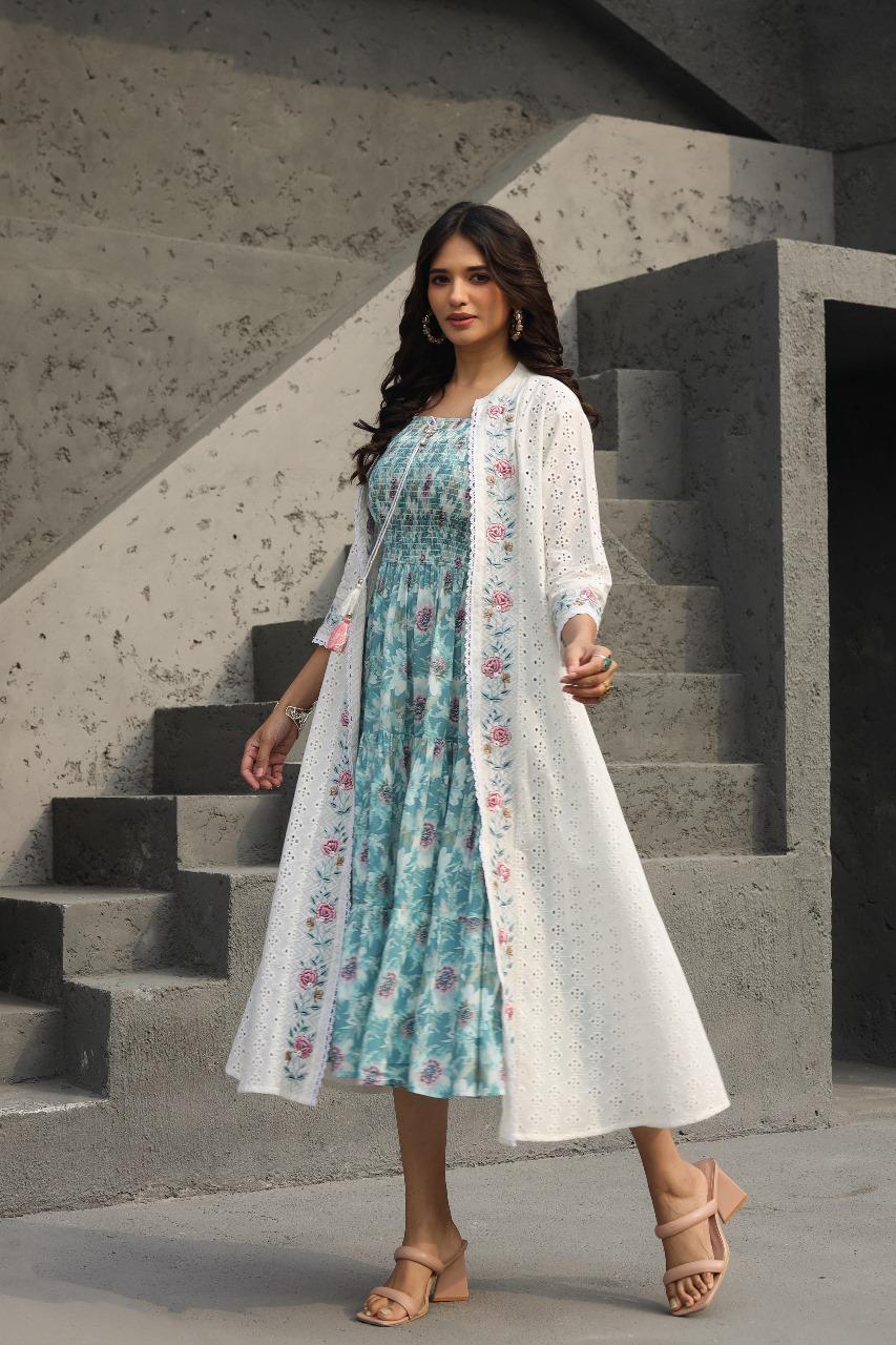 Pure cotton sleeveless dress paired with Shifli shrug