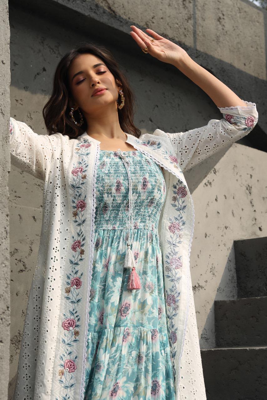 Pure cotton sleeveless dress paired with Shifli shrug