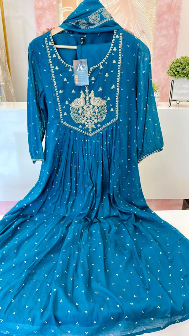Mul cotton Zari embroidered full suit in blue