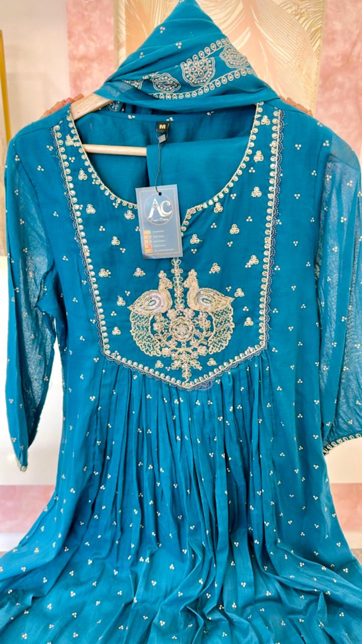 Mul cotton Zari embroidered full suit in blue